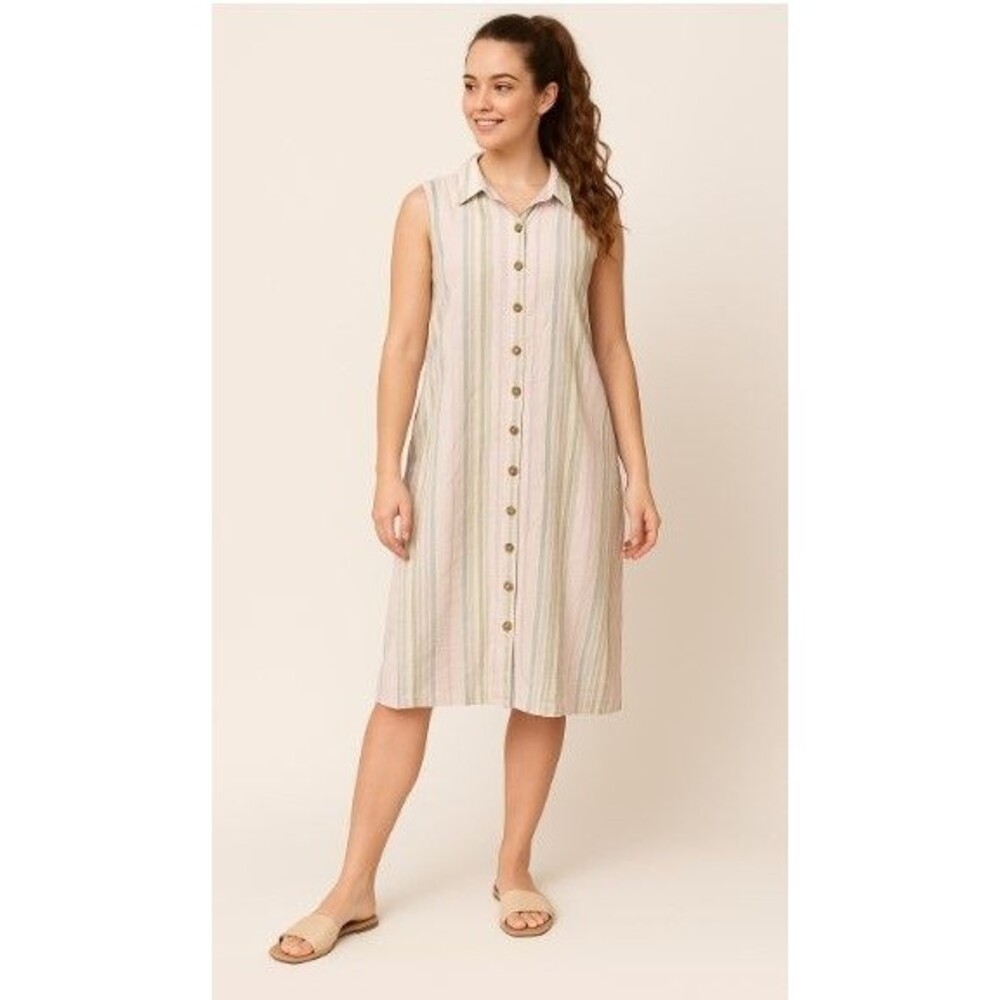 Mlle Gabrielle Shirt Dress Button Front Sleeveless Striped Pink Green Blue 2X